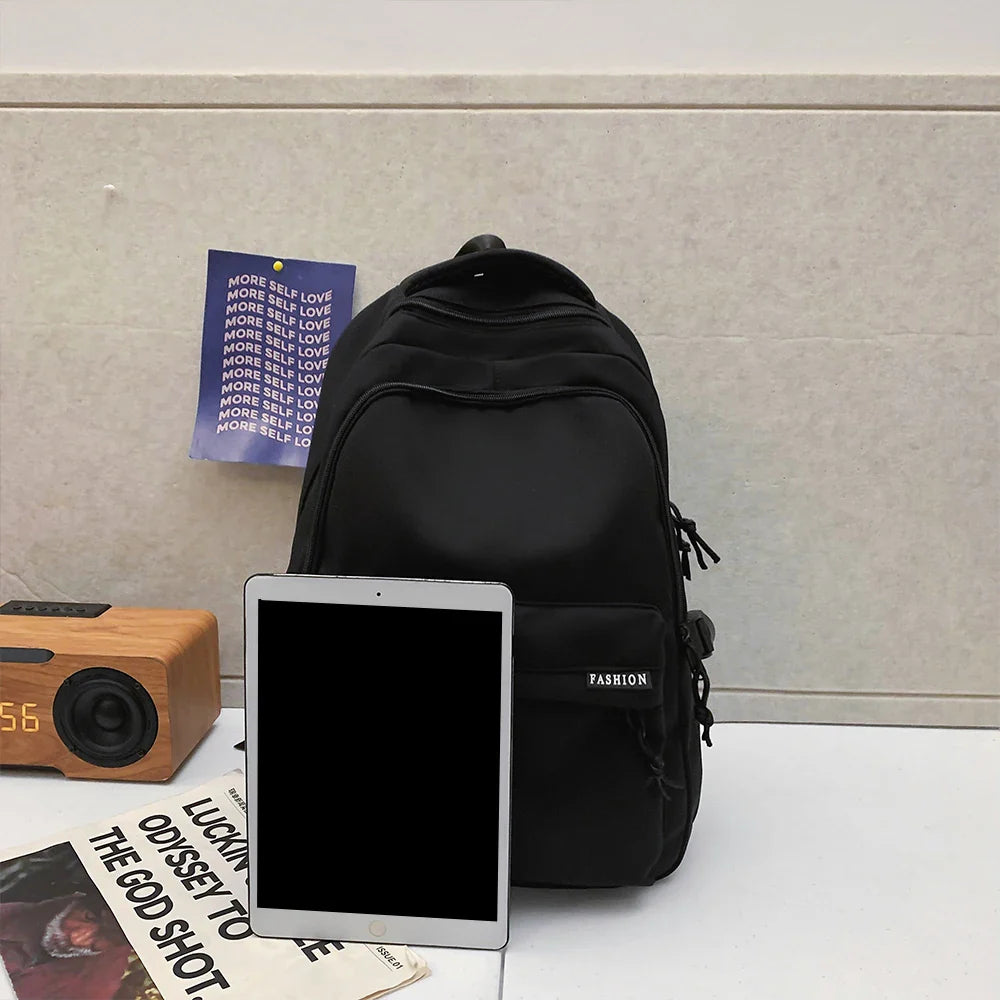 Large Capacity Solid Color Backpack for High School Students, Simple Black Travel Backpack for Middle School Students