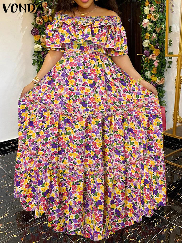 Plus Size 5XL VONDA Bohemian Floral Printed Maxi Long Dress 2023 Summer Women Casual Loose Ruffle Beach Short Sleeve Party Robe