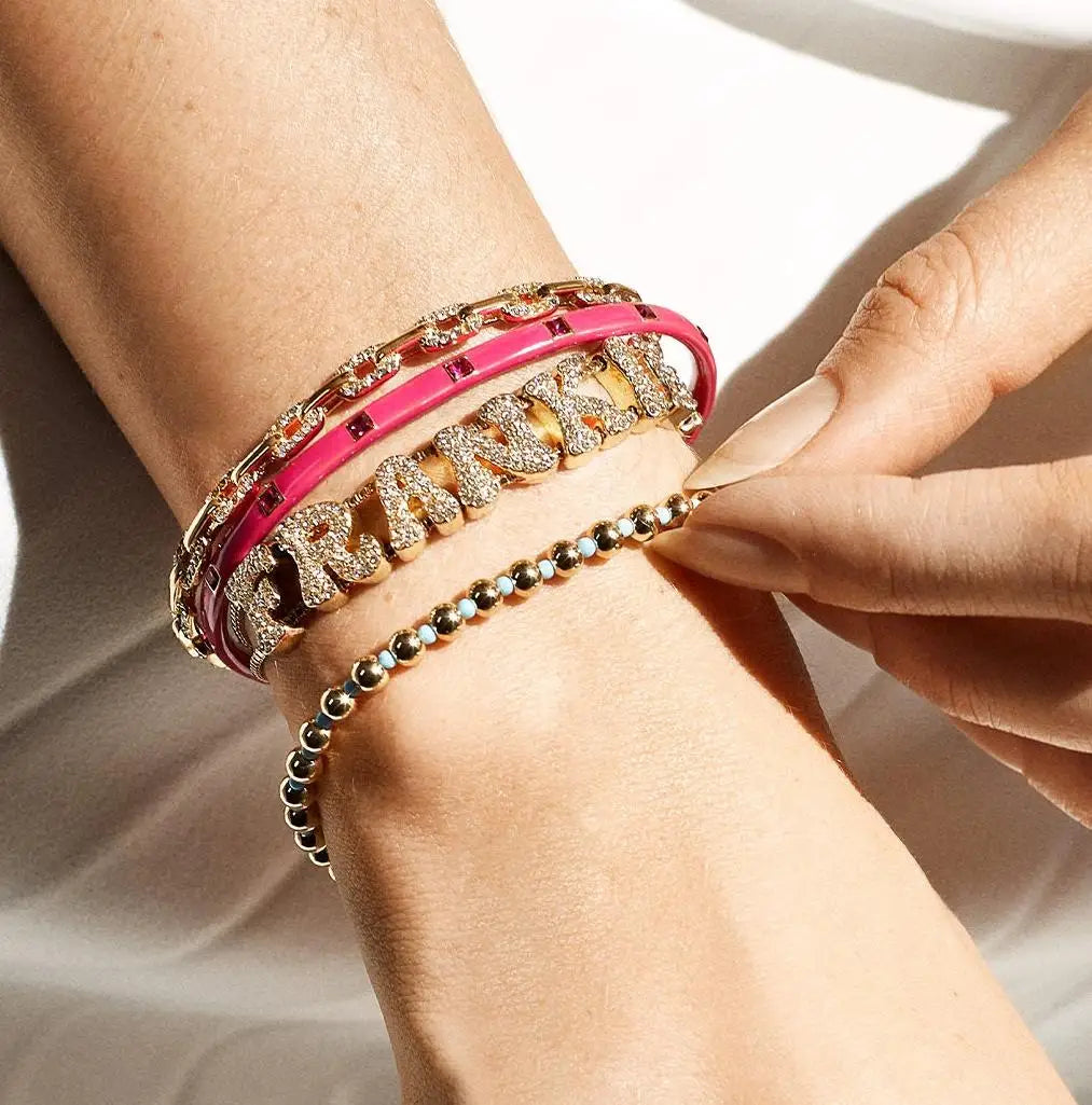 DOREMI Fat Bubble Slide Initial Letters Bracelet Full Crystal Letters Women Name DIY Sliding Slider Letter Bracelets