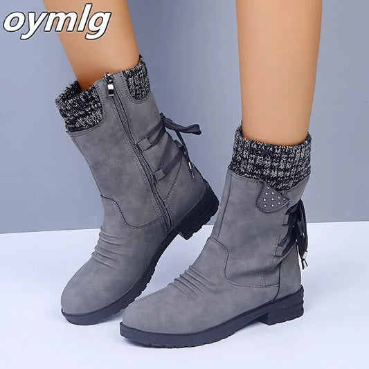 Winter Women Mid-Calf Boots Fashion Snow Boots Retro Zipper Warm Boots