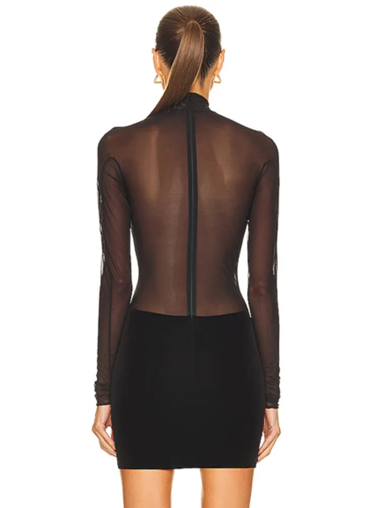 Formal attire Dresses: Long Sleeve Mesh Black Mini Bodycon Bandage Dress