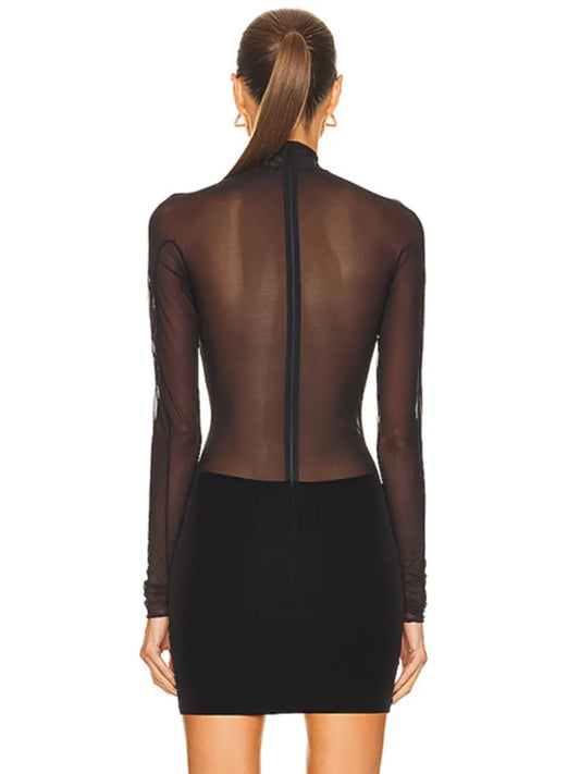 Formal attire Dresses: Long Sleeve Mesh Black Mini Bodycon Bandage Dress