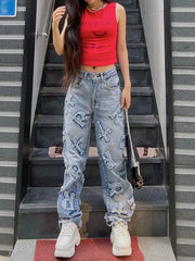 Patchwork Women's Jeans Y2K Streetwear Baggy Straight Cargo Pants