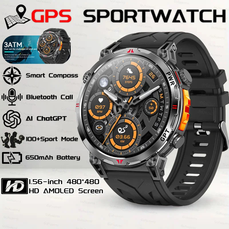 2025New Military GPS Sport Smartwatch Men 650mAh AMOLED Screen Compass Altimeter 10ATM Waterproof Heart Rate Wireless Call Clock