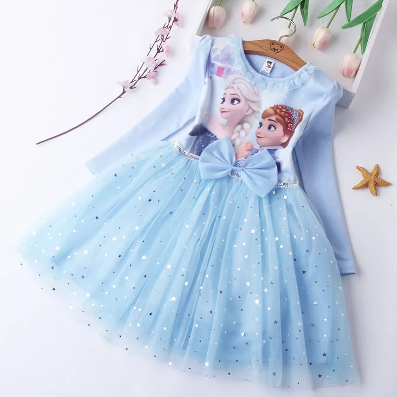 DISNEY Girls Princess Elsa Anna Print Casual Clothes Frock Long Sleeve Cotton Bodice Tulle Dress Toddler Snow Queen Party Gown