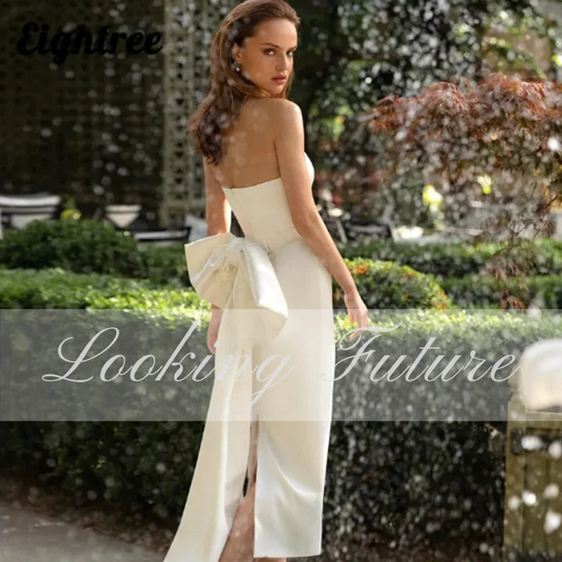 White Bridesmaid Dresses: Wedding Dress Strapless Split Bridal With Bow Backless