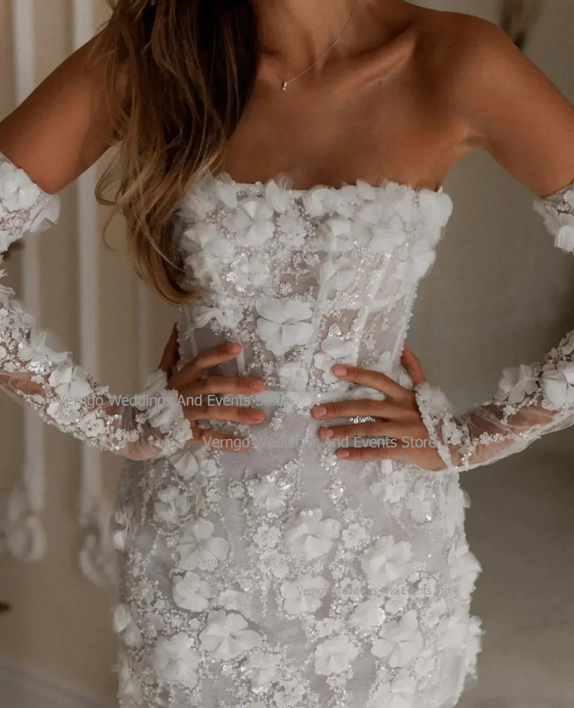 White Bridesmaid Dresses: Bridal Gown Detachable Sleeves Women 3D Flowers