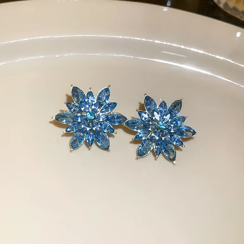 Rhinestone Flower Earrings for Women Korea Simple Sweet Stud Earrings Luxury High-grade Solid Color Charm Jewelry Girls Gift