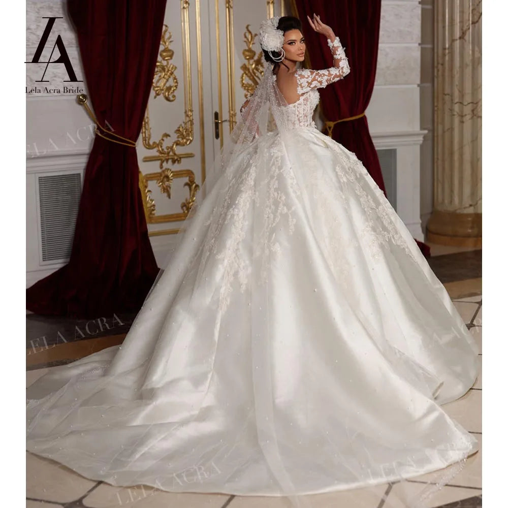 White Bridesmaid Dresses: Ball Gown Wedding Dress Long Sleeve Satin Court Train