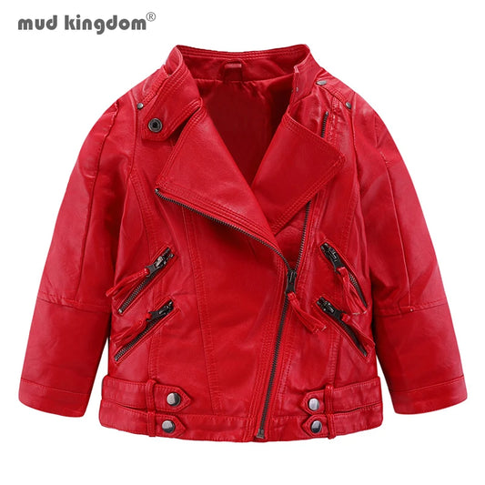 Mudkingdom Kids PU Leather Jacket Loose Diagonal Zipper Turn-Down Collar Tops Boys Girls Fashion High Quality Spring Clothes