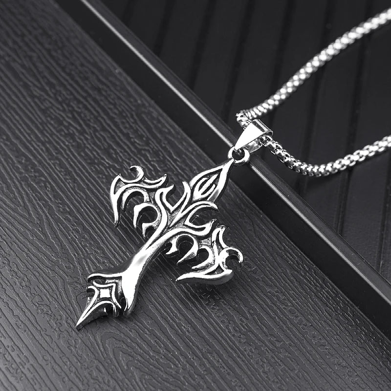 Classic Steel Warrior Men's Cross Amulet Necklace Fashion Flame Christian Simple