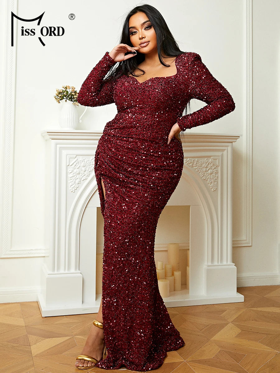 Missord Wine Plus Size Sequin Wedding Party Dress Elegant Women Long Sleeve Thigh Split Bodycon Prom Evening Dresses Formal Gown