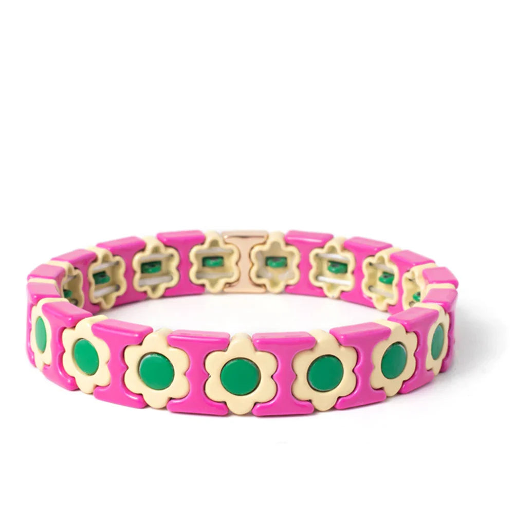 New Design Colorful Flower Charms Bangle For Women Handmade Bohemian Elastic Flower Bracelets Metal Beads Jewelry