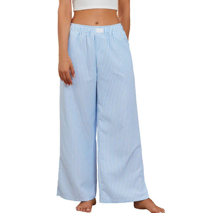 Women Wide Leg Pants Casual Loose Vertical Stripe Elastic Lounge Trousers with Pockets