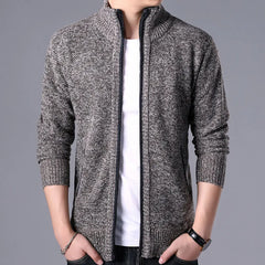 Men's Plush Thickened Knitted Jacket Vertical Neck Zipper Sweater Cardigan