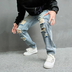 Men Loose Ripped Straight Jeans Pants Male Streetwear Stylish Casual Denim Trousers