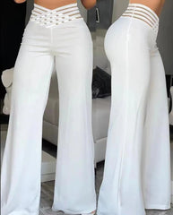 Women Wide Leg Flared Pants Crisscross Sheer Mesh Patch High Waist Pant