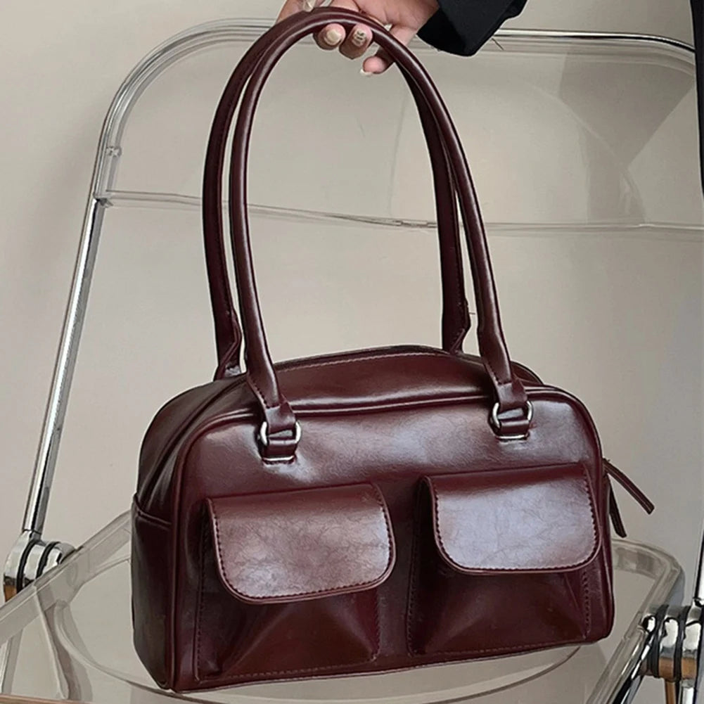 Women Zipper Shoulder Bag Fashion Leather Tote Handbag Casual Retro Satchel Bag