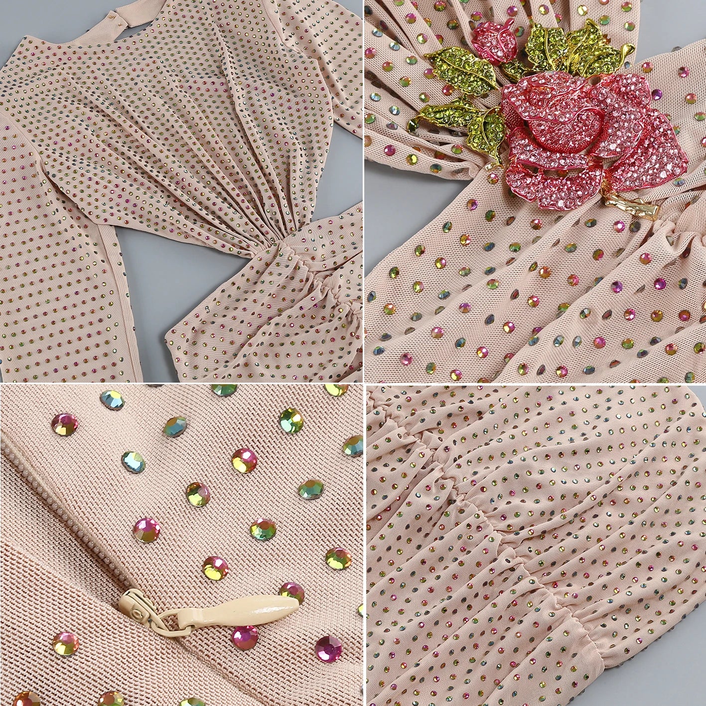 Evening wear Dresses: Women Flower Backless Long Sleeve Beading Mini Dress