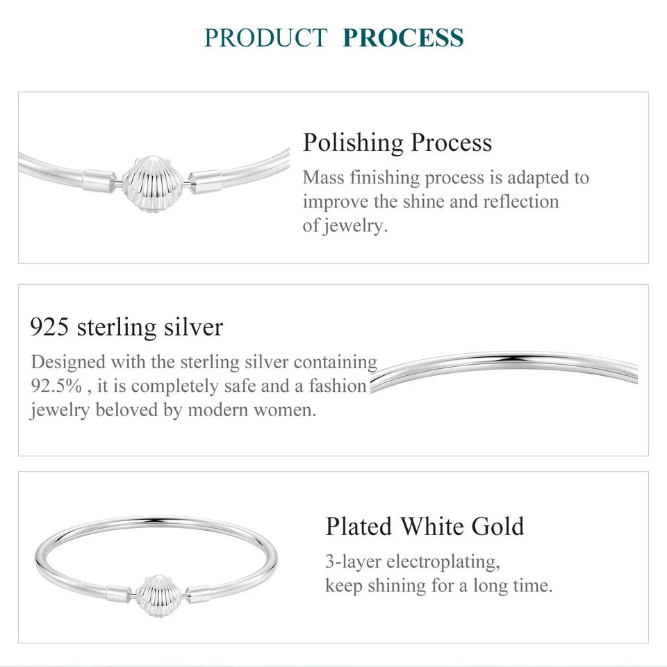 BAMOER Genuine 925 Sterling Silver Charm Glossy Bracelet Heart/Shell Clasp Basic Bangle Star Spacer Beads for Women DIY Jewelry