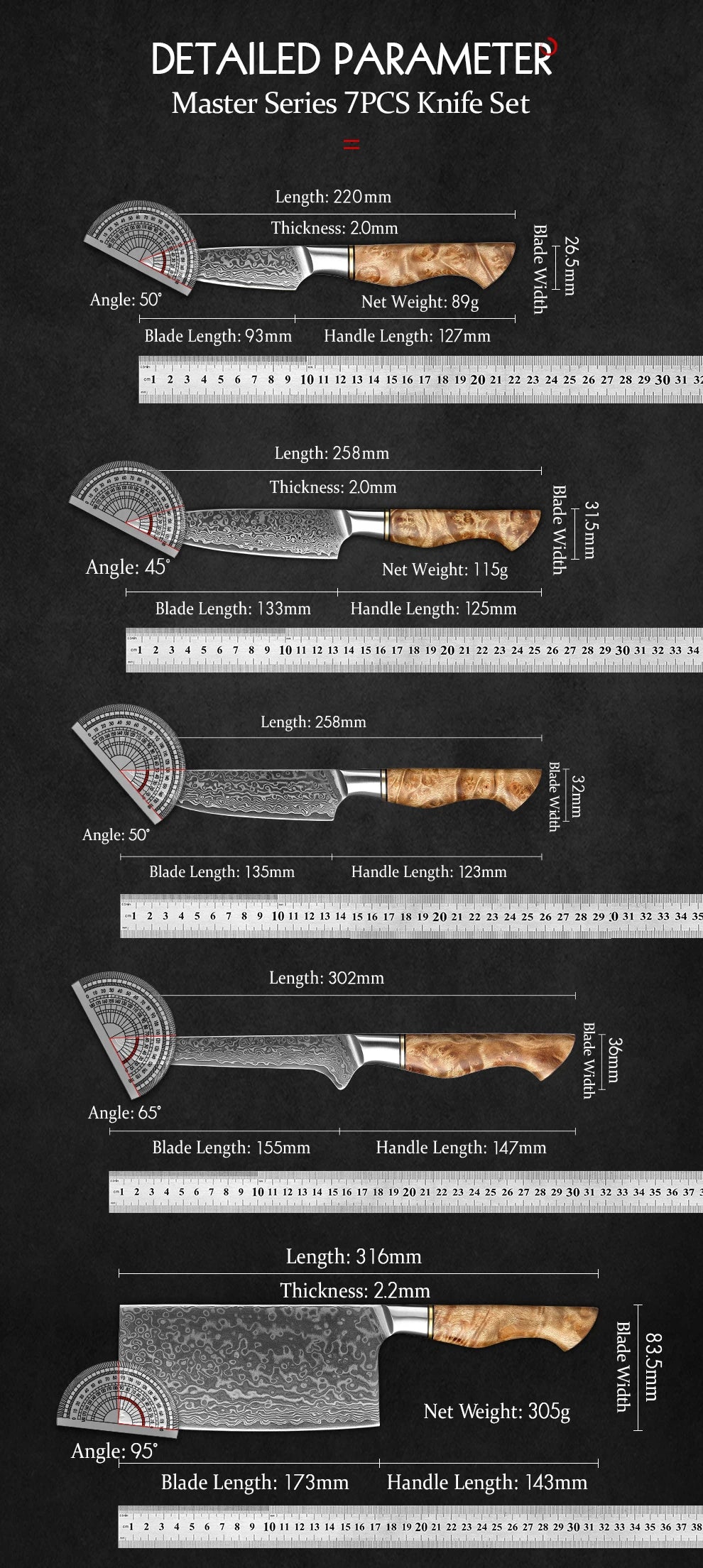 Kitchen Knife Set 1-7PC Damascus Steel knives Chef Knife Kitchen