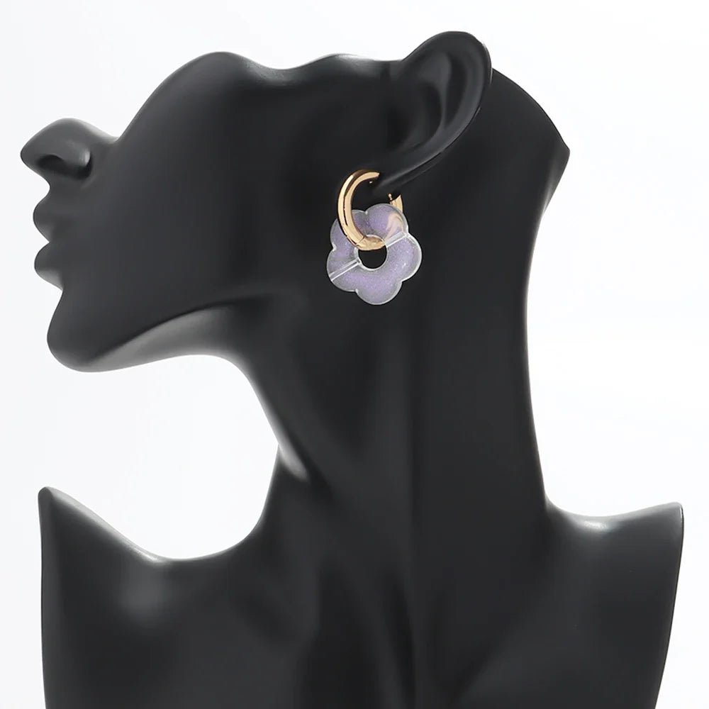 Colorful Flower Resin Acrylic Charms Earring Gold Color Circle Ear Buckle Hoop Earrings Fashion Jewelry for Women