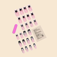 Women Girls 24Pcs Long Square Black French sparkling diamond star pendant Full Coverage Wearable Fake Nail Press on Nail Art