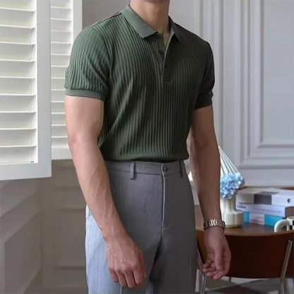 Vertical Stripe Knit Polo Men's Shirts Summer New Slim Solid Color Breathable Turn-Down Collar Business Short Sleeve Polo Tops