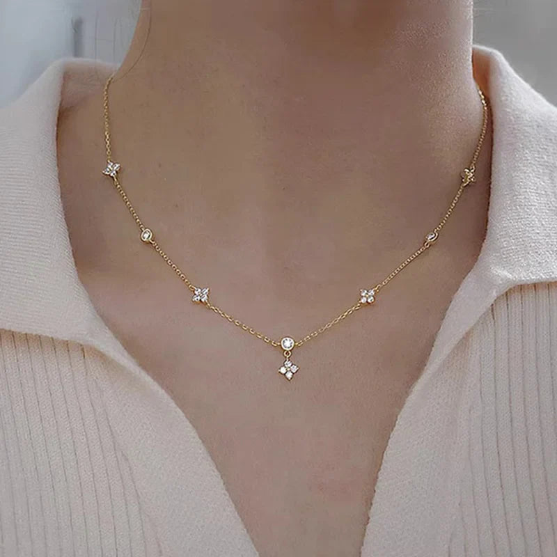 Dainty Lucky Leaf Necklace for Women 925 Sterling Silver Trendy 14K Gold Plating Cute White CZ Flowers Pendant Choker Necklaces