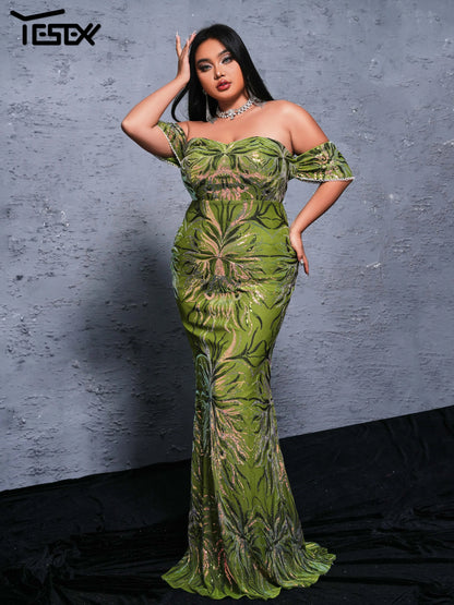 Yesexy Plus Size Off Shoulder Sequin Mermaid 4XL Large Evening Dress Formal Occasion Wedding Birthday Party Dress
