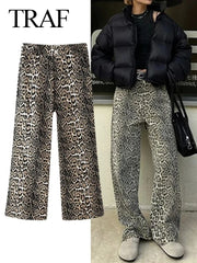 Women Vintage Leopard Wash Denim Pant 2024 Spring Hip Hop Loose