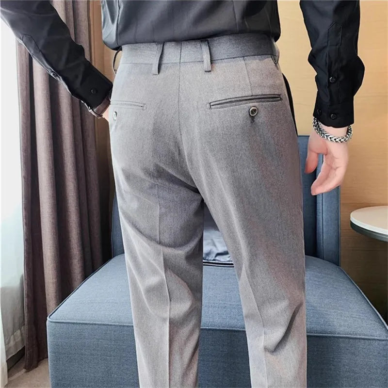 Smart Casual Suit Pants Men Solid Color Slim Fit Office Fomal Wedding Party Dress Pants