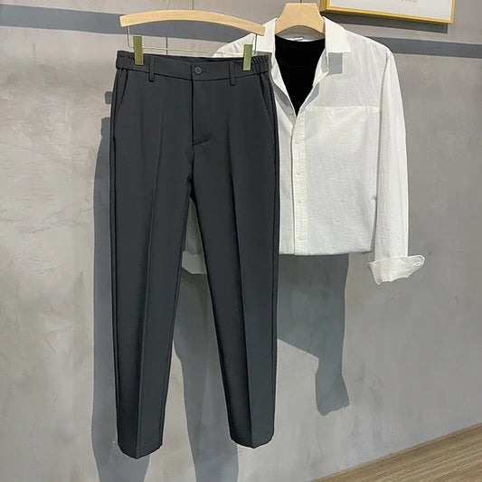Autumn Men's Tapered Suit Pants Slim Fit Solid Color No-Iron Drape Business