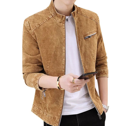 Autumn Men Stand Collar Denim Jacket Fashion Retro Motorcycle Coats