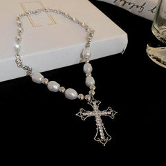 Pearl Cross Pendant Necklace Hip Hop Retro Men Women Religious Jewelry