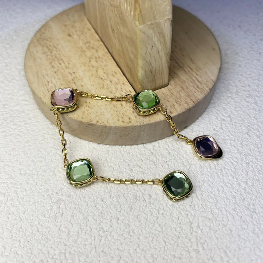Original 2025 Fine Jewelry Set for Women Green Crystal Pink Crystal Geometric Bracelet Octagonal Cut Crystal Romantic Gift