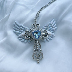 Accessory Wings Cross Pendant Necklace Y2K Jewelry Heart Crystal