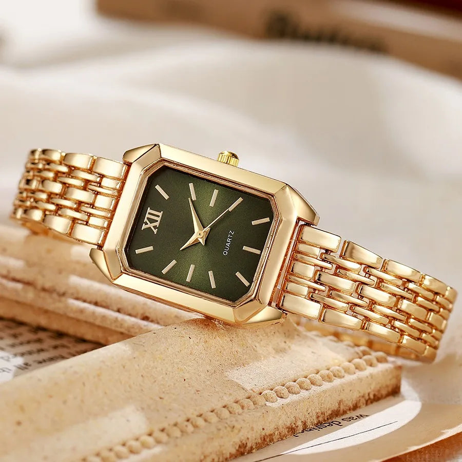 Luxury Women's Quartz Watch Set Fashion Alloy Band Business Ladies Watches Square Quality Gold Plated Folding Female Clock