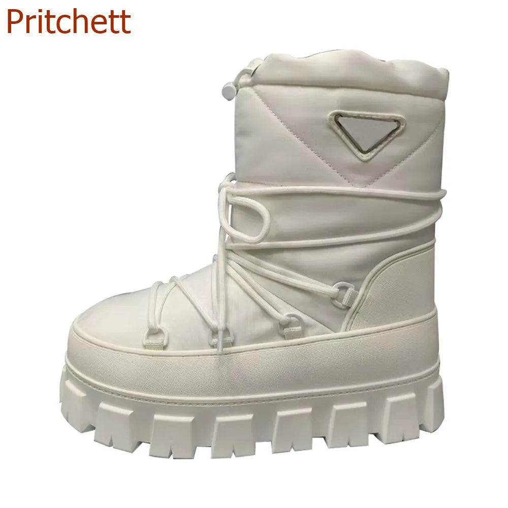 Round Toe Thick Sole Women Boots Short Boots Solid Fur Cross Tied Winter Snow Boots