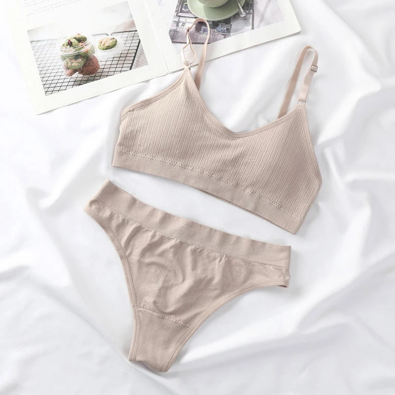 Women Seamless Bra Set Lingerie High Waist Cotton Thong Panties Wire Free