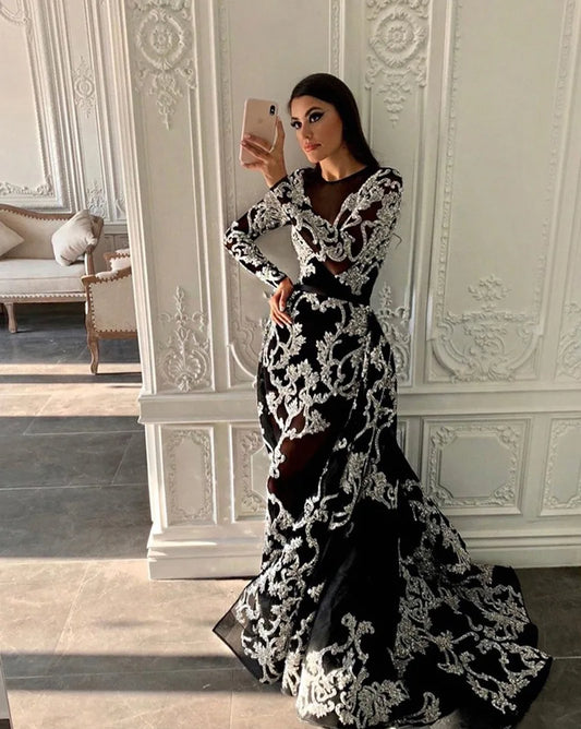 Evening Dresses O-Neck A-LINE Long Sleeved Floor-Length Sequin Formal Evening Prom Dress Women