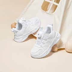 Children's Sports Shoes, Leather Upper, Small White Shoes, Autumn Boys and Girls' Rotating Buttons, All White Running Shoes