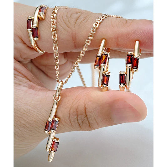 Kienl Hot Red Natural Zircon Vintage Ring Earrings Necklace for Women Luxury 585 Rose Gold Color Daily Wear 3pcs Jewelry Sets