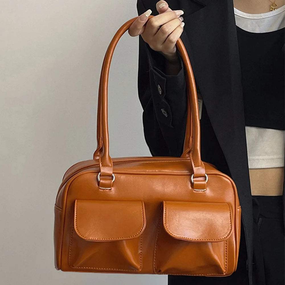 Women Zipper Shoulder Bag Fashion Leather Tote Handbag Casual Retro Satchel Bag