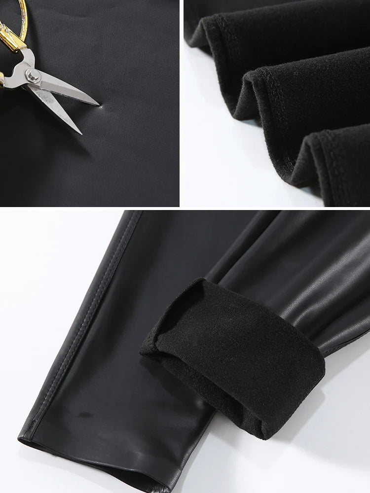 Autumn Winter Women Fleece Matte Leather Leggings Sheepskin