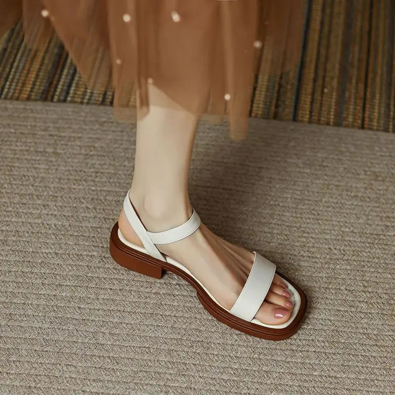 Ladies Shoes with Low Heels Footwear Outdoor Sandals for Women Beige Summer 2024 One Word Square Chic and Elegant Wholesale Vip