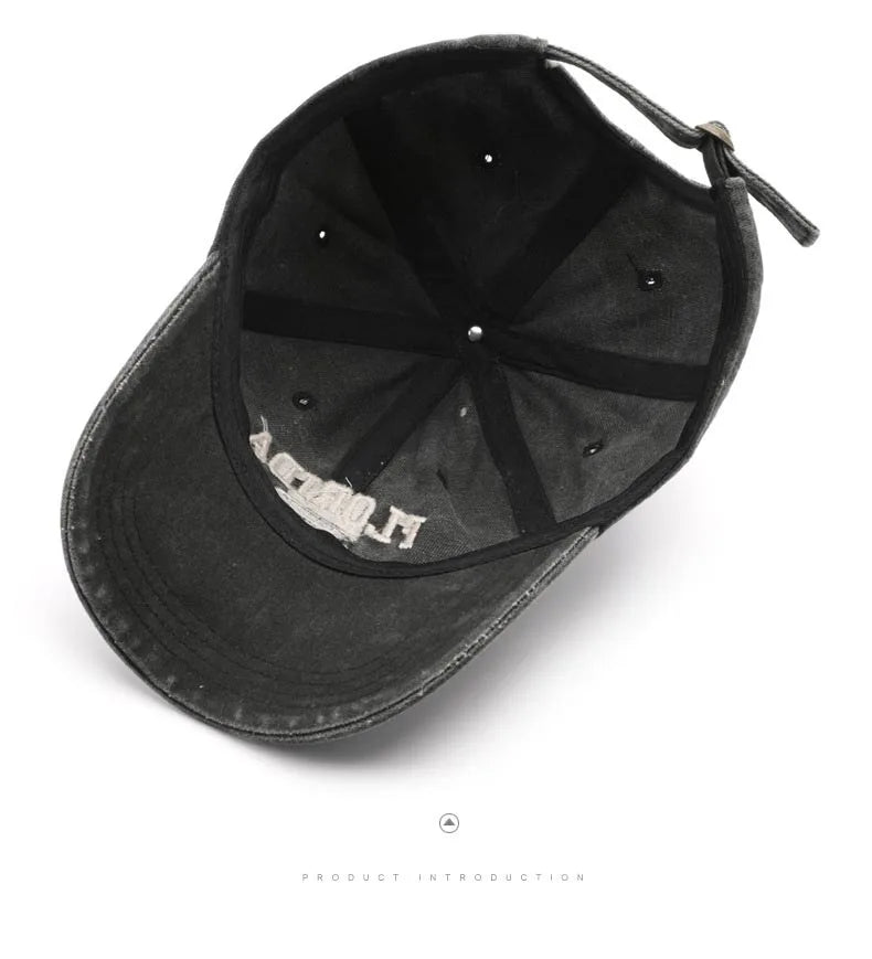 Vintage Washed Cowboy Baseball Cap for Men Women FLORIDA Embroidery Sun Cap Casual Snapback Hip Hop Hat Curved Brim Soft Top Hat