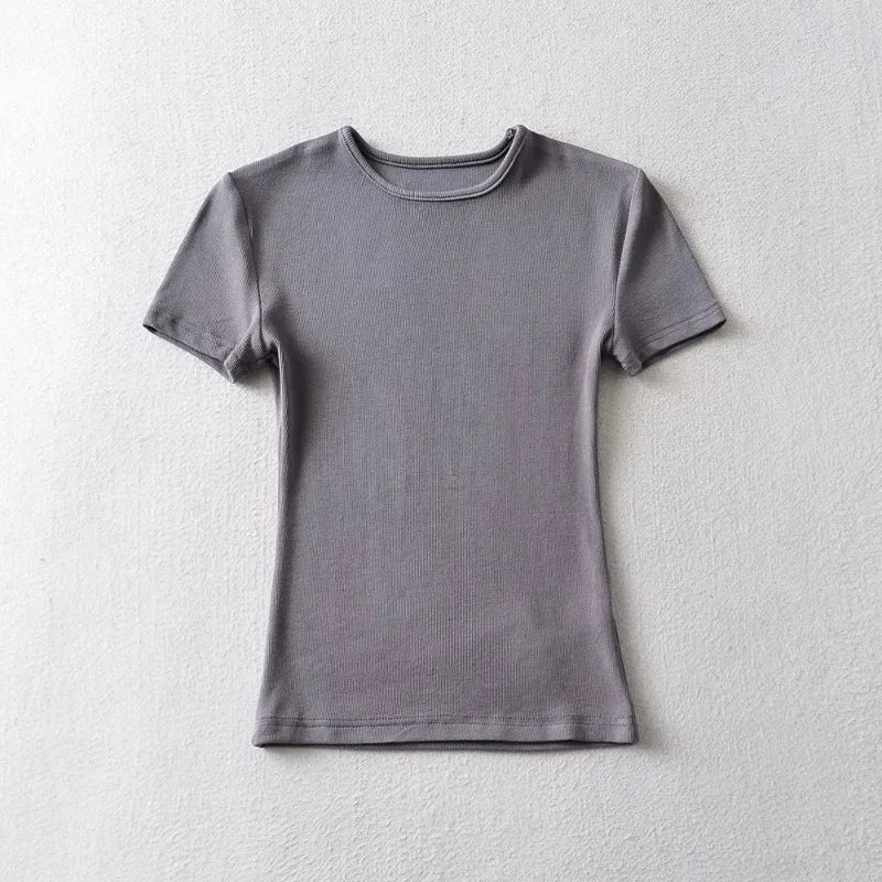 Casual Summer Woman Skinny Fit T-shirt Tight Short-Sleeve O-neck Tee Basic Solid Crop Tops T Shirt