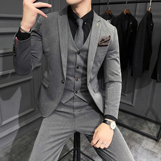 S-7XL Men's Dark Streaks Suit Casual Business Gentleman Blazer Vest Pants Groom Wedding Dress Tuxedo Slim Suits 3Pcs or 2Pcs Set