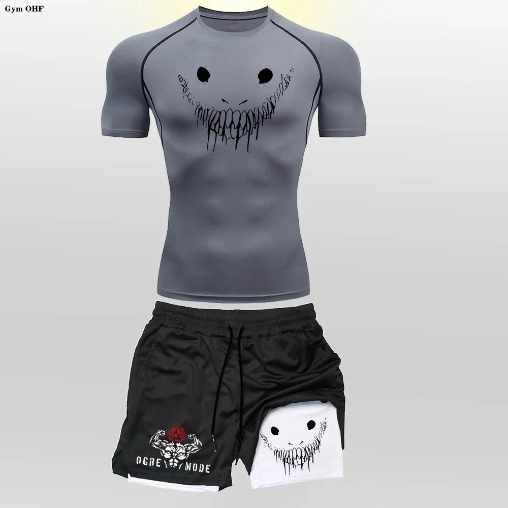 Funny Face 2 in 1 Shorts T Shirt Suits Men's Fitness Breathable Second Skin Compression Shirts Sets Gym Double Deck Shorts